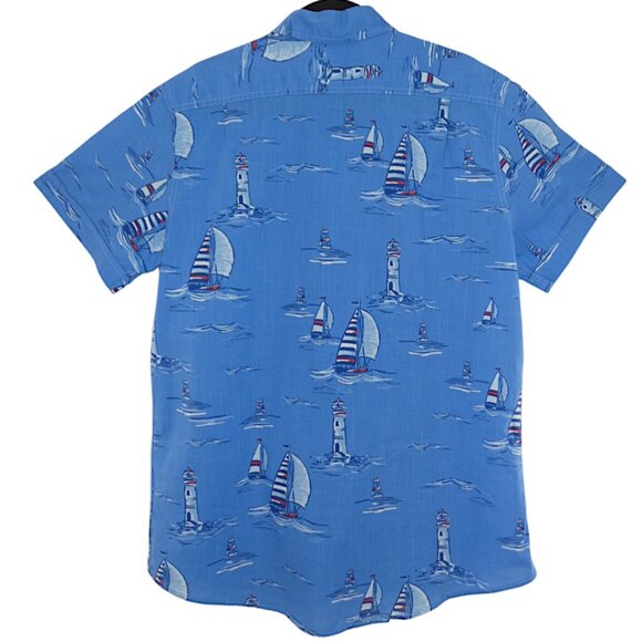 Izod Saltwater Cotton Blue Nautical Short Sleeve Button Up Casual Shirt Sz L - Picture 4 of 7